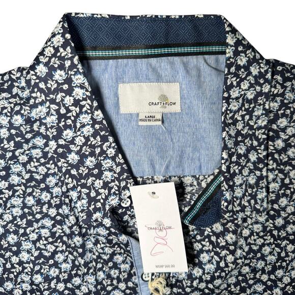 New Craft+Flow Mens Medium Short Sleeve Button Shirt Navy Blue Floral Beachy - Picture 2 of 6